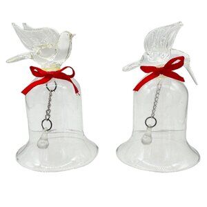 Pair of Vintage Clear Glass Bells Dove and Hummingbird with Red Bows 3.5" Tall